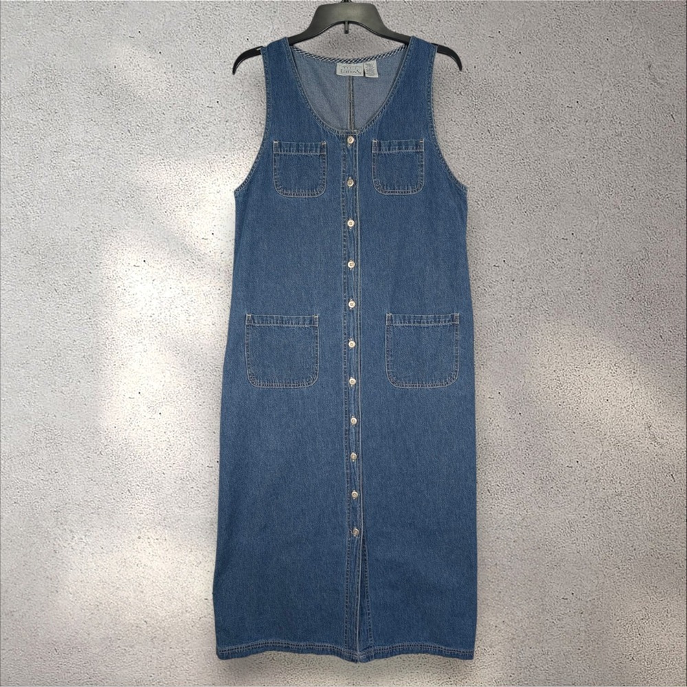 Denim Jumper Dress Womens Small Blue Button Front Maxi 90s Vintage Cottagecore